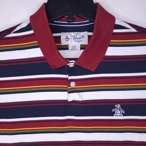 Original Penguin Polo Shirt Mens Large Striped Red, White, Navy Cotton